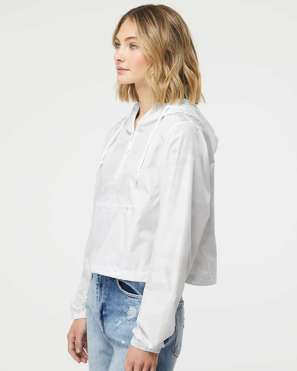 Independent Trading Company Women’s Lightweight Crop Windbreaker in White Camo — side view (2)