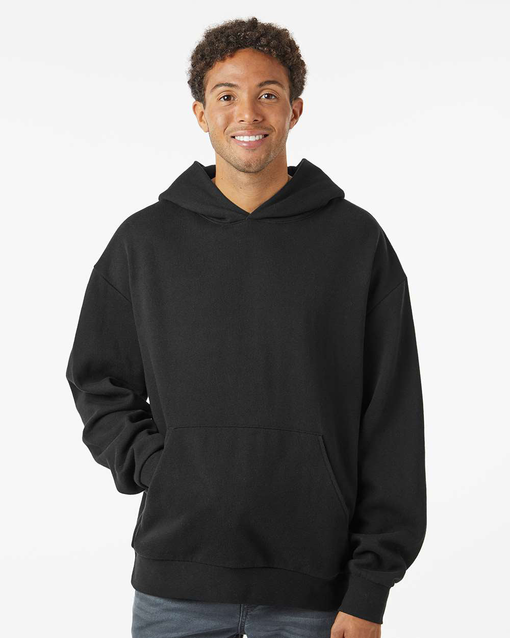 Independent Trading Company AVENUE 8.5oz/280gm Midweight Pullover Hood in Black — front view (2)