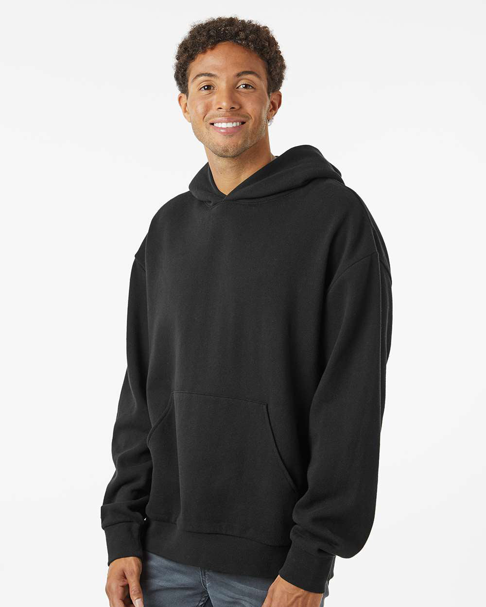 Independent Trading Company AVENUE 8.5oz/280gm Midweight Pullover Hood in Black — side view (2)