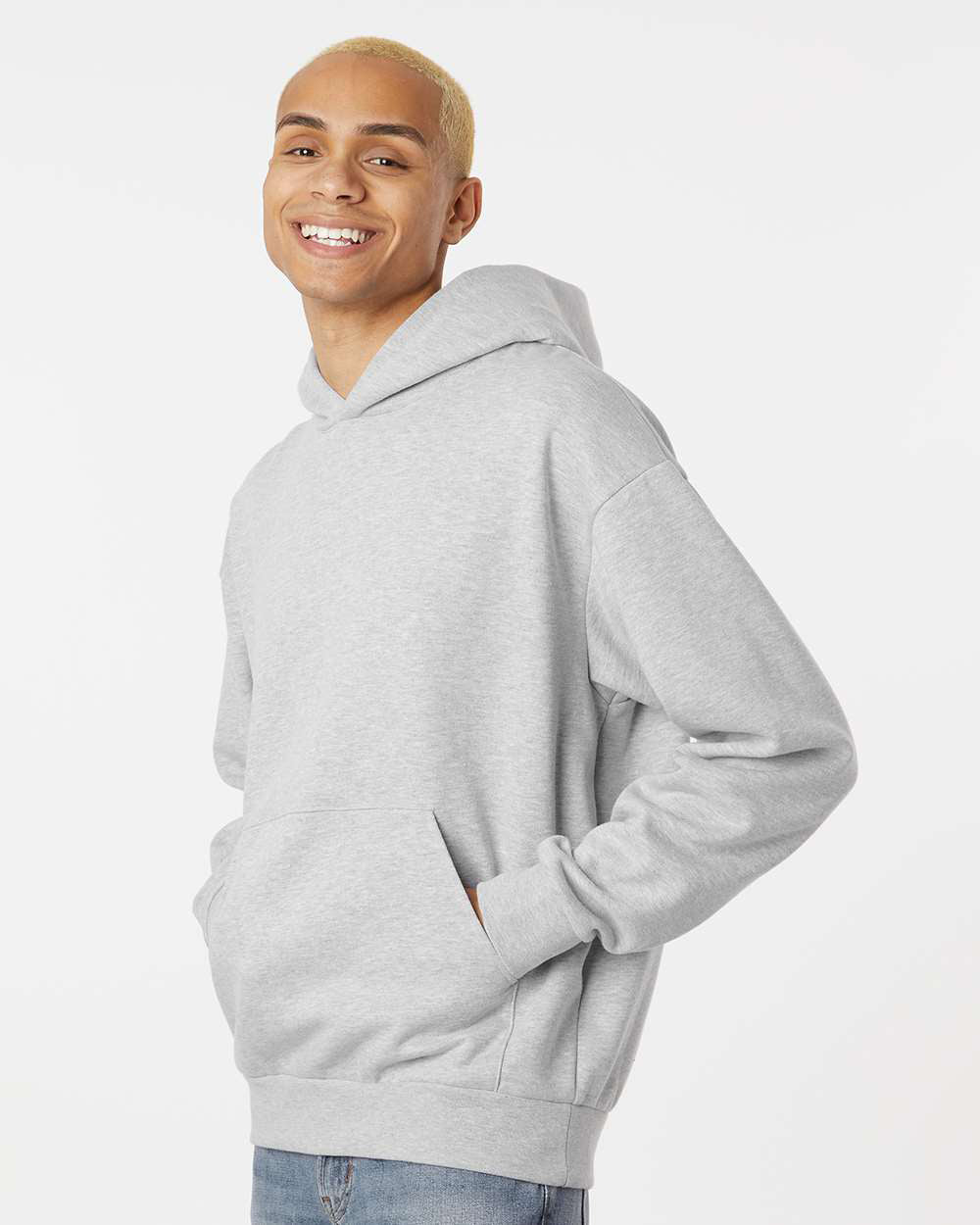Independent Trading Company AVENUE 8.5oz/280gm Midweight Pullover Hood in Grey Heather — side view (2)