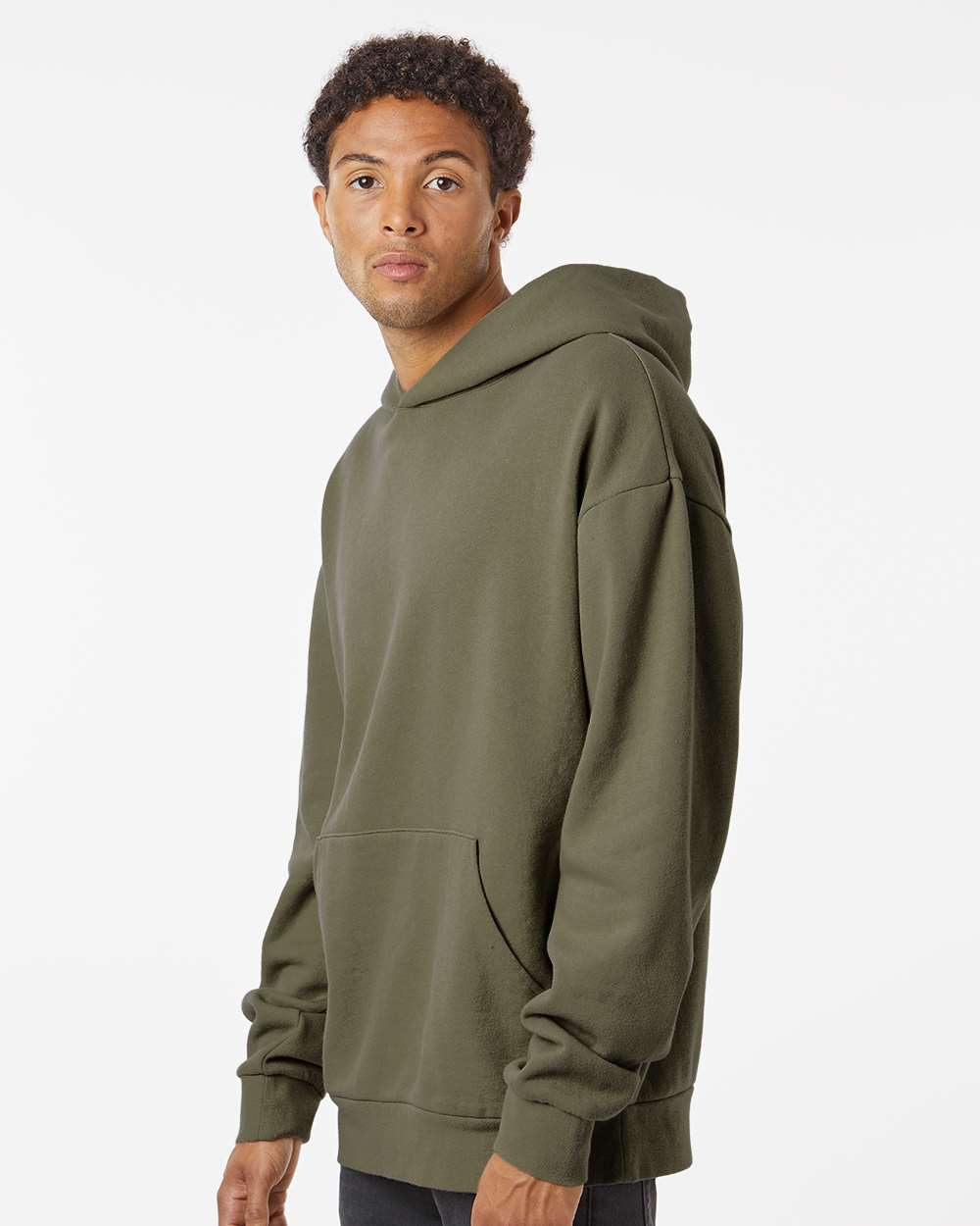 Independent Trading Company AVENUE 8.5oz/280gm Midweight Pullover Hood in Olive — side view (2)