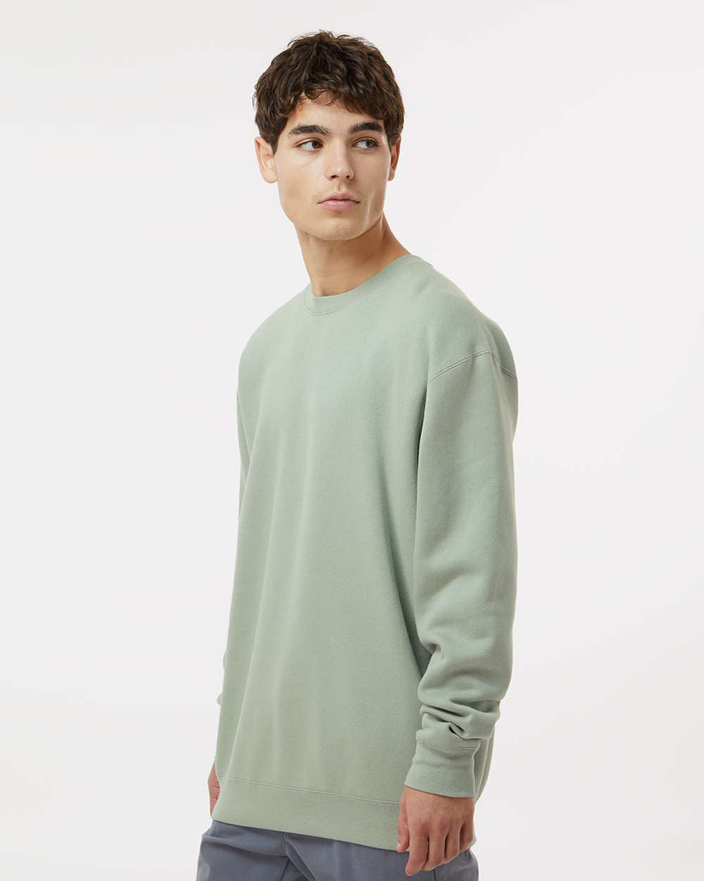 Independent Trading Company 10oz. Heavyweight Crew in Sage, crewneck — side view (2)