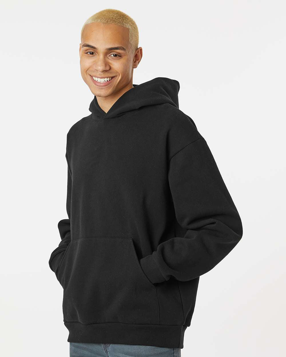 Independent Trading Company Boulevard 330gm Heavyweight Pullover Hood in Black — side view (2)