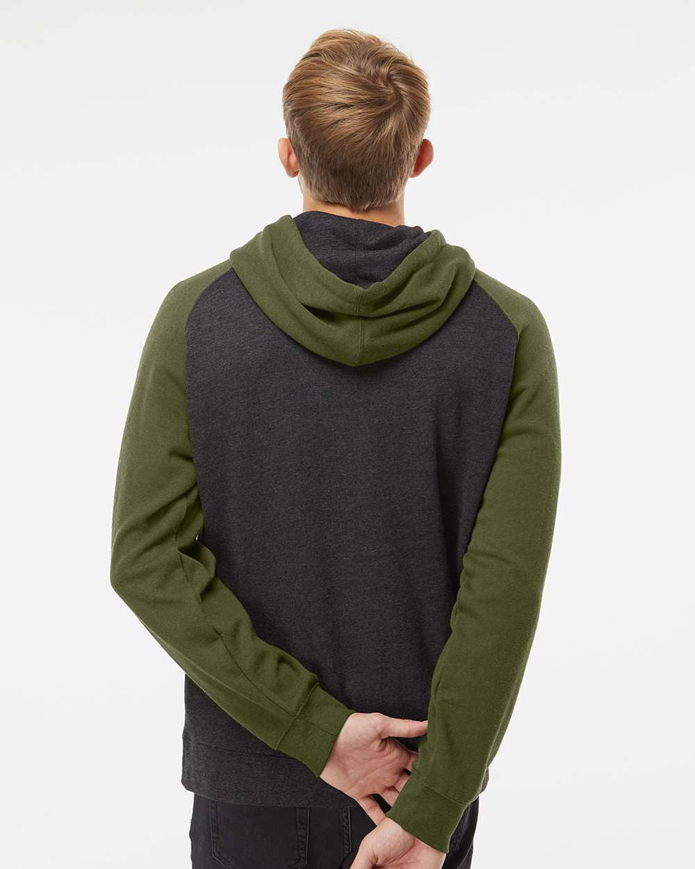 Independent Trading Company Raglan Sleeve Pullover Hood in Charcoal Heather — back view (2)