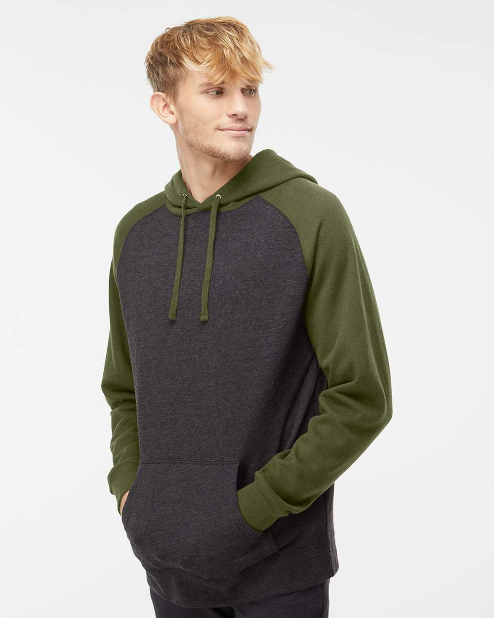Independent Trading Company Raglan Sleeve Pullover Hood in Charcoal Heather — side view (2)