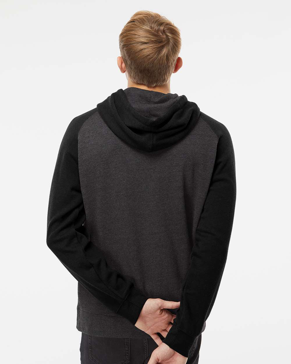 Independent Trading Company Raglan Sleeve Pullover Hood in Charcoal Heather — back view (4)