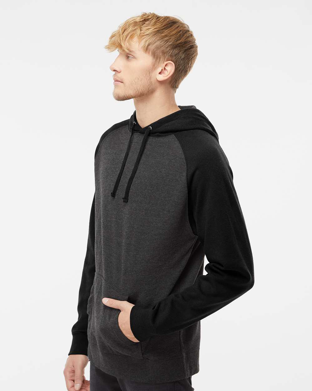Independent Trading Company Raglan Sleeve Pullover Hood in Charcoal Heather — side view (4)