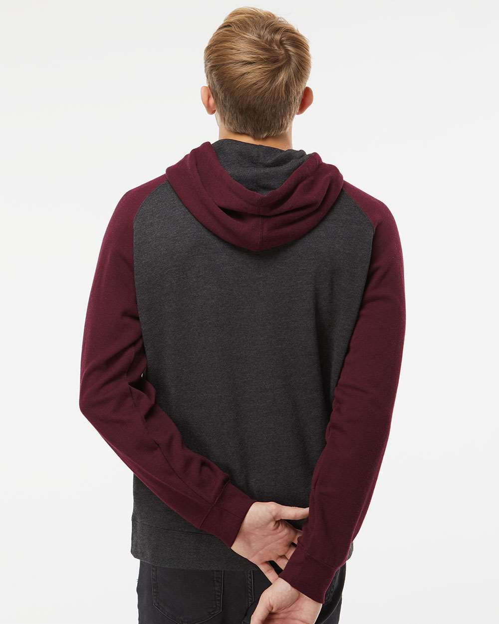 Independent Trading Company Raglan Sleeve Pullover Hood in Charcoal Heather — back view (6)
