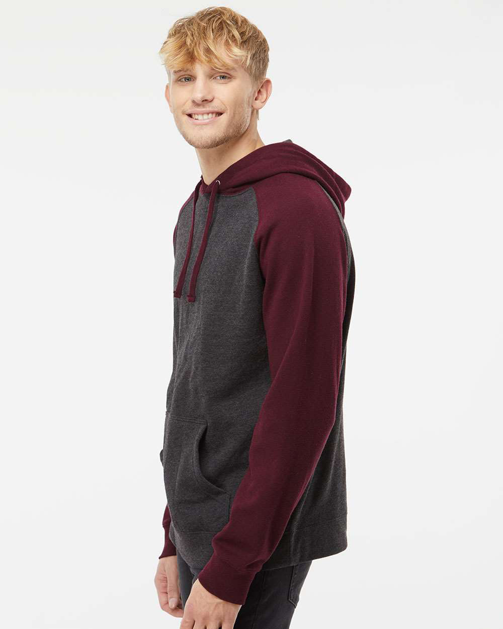 Independent Trading Company Raglan Sleeve Pullover Hood in Charcoal Heather — side view (6)