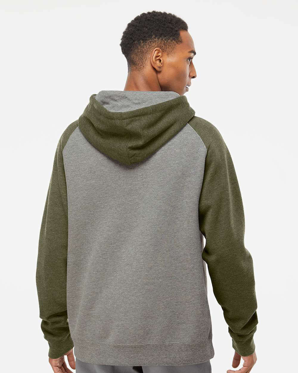 Independent Trading Company Raglan Sleeve Pullover Hood in Heather Heather — back view