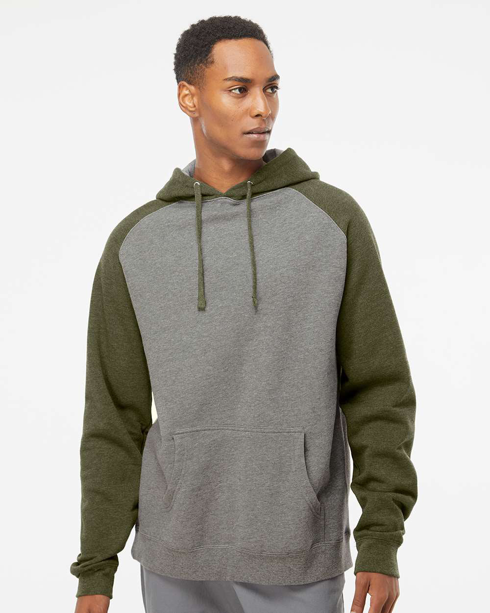 Independent Trading Company Raglan Sleeve Pullover Hood in Heather Heather — front view (2)