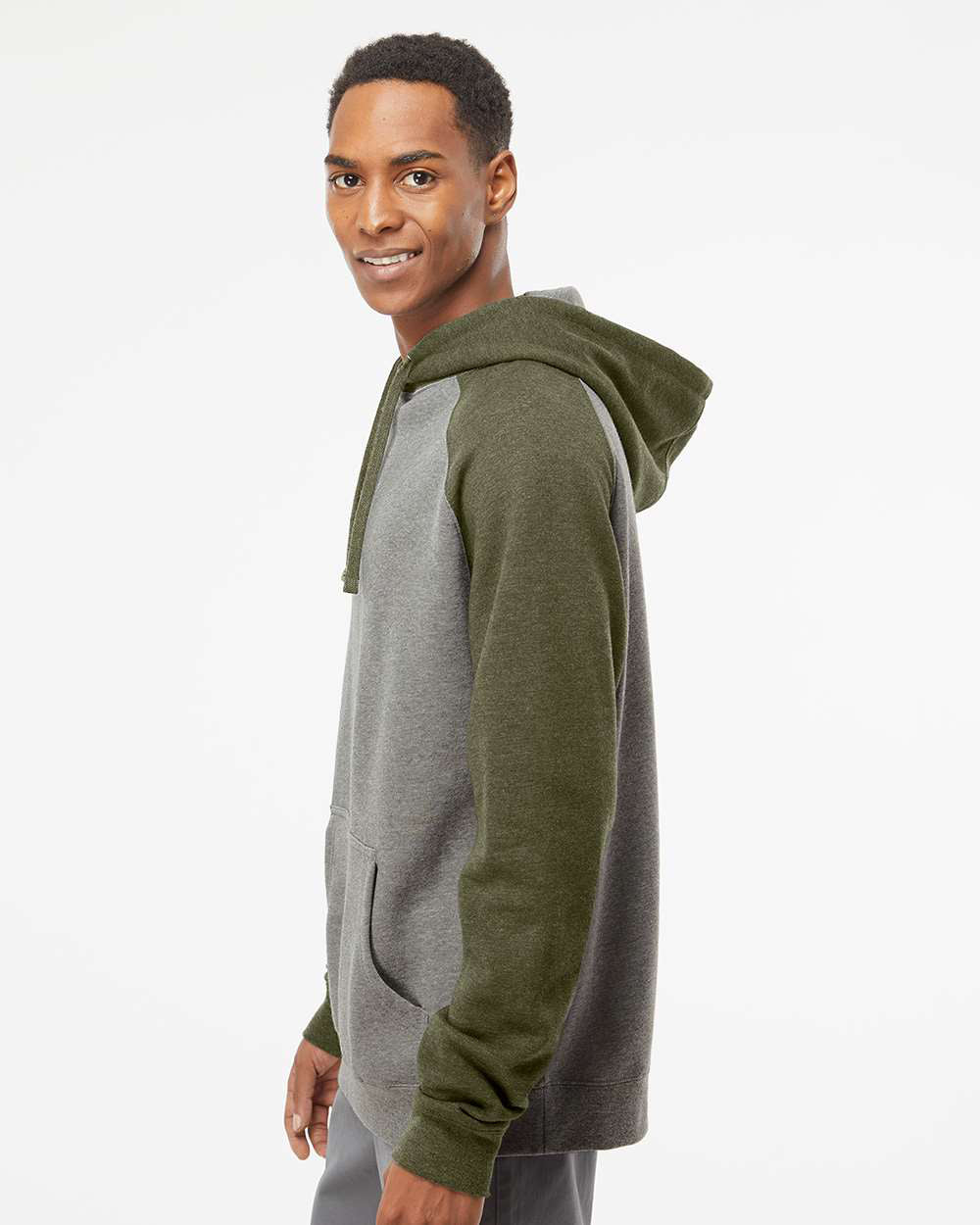Independent Trading Company Raglan Sleeve Pullover Hood in Heather Heather — side view