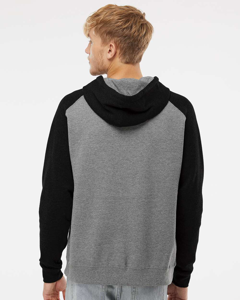 Independent Trading Company Raglan Sleeve Pullover Hood in Heather Black — back view (2)