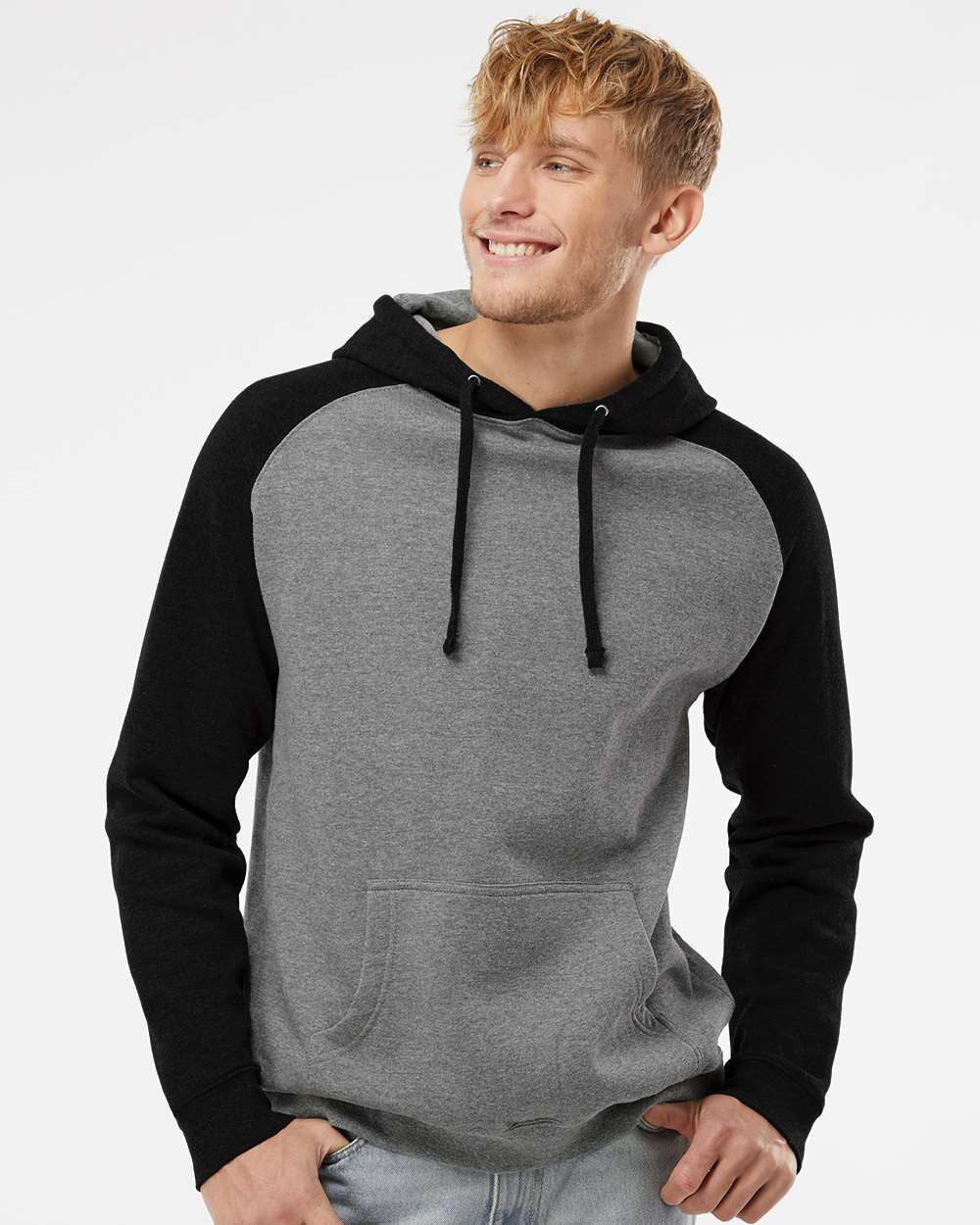 Independent Trading Company Raglan Sleeve Pullover Hood in Heather Black — front view