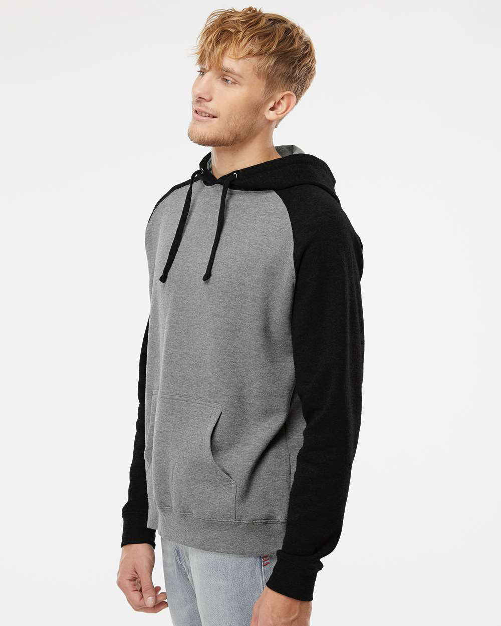 Independent Trading Company Raglan Sleeve Pullover Hood in Heather Black — side view