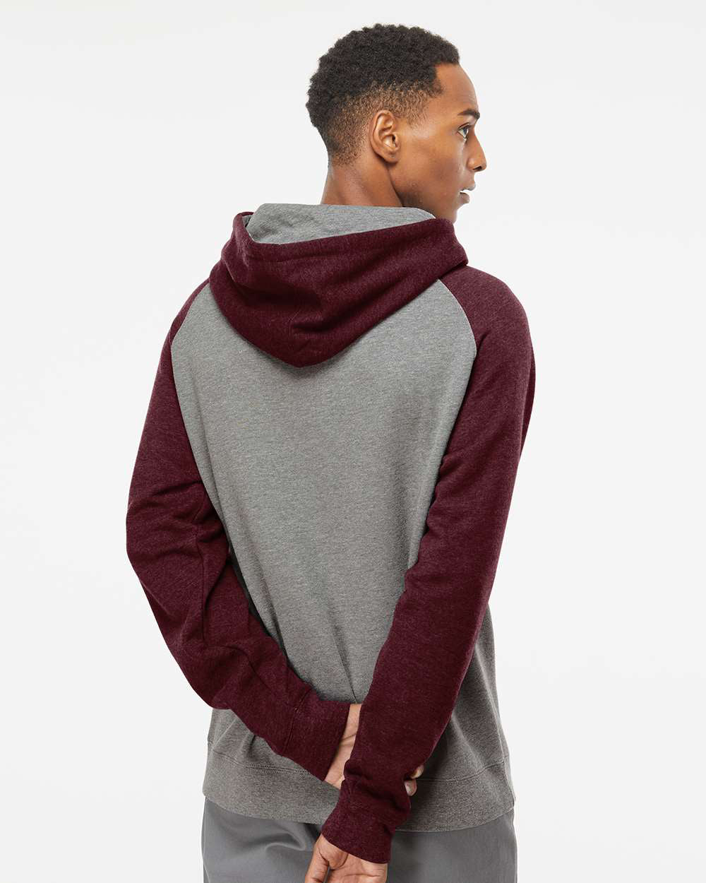 Independent Trading Company Raglan Sleeve Pullover Hood in Heather Burgundy — back view
