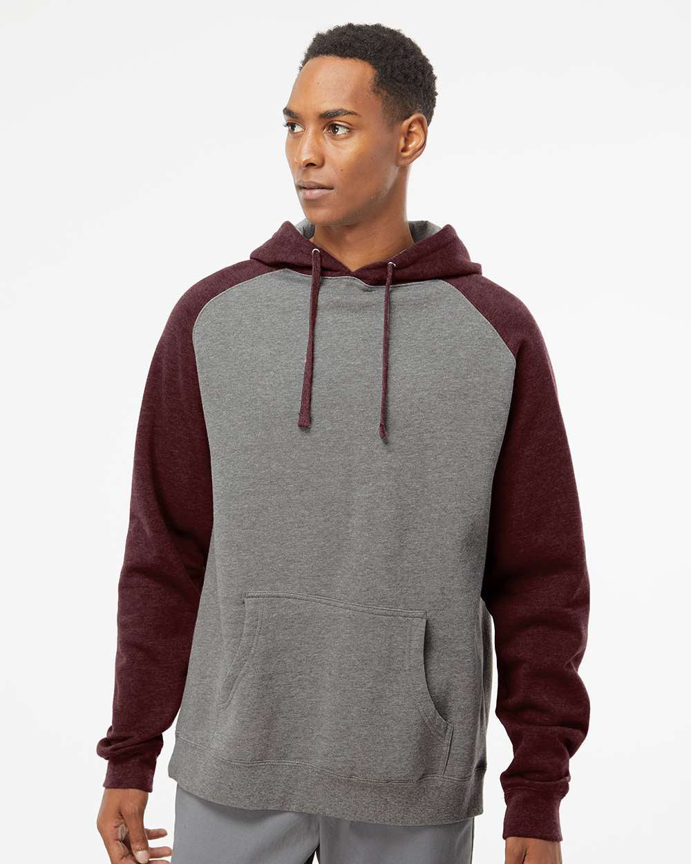 Independent Trading Company Raglan Sleeve Pullover Hood in Heather Burgundy — front view (2)
