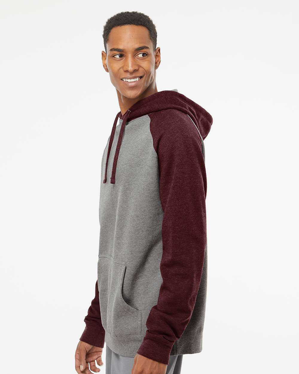 Independent Trading Company Raglan Sleeve Pullover Hood in Heather Burgundy — side view (2)
