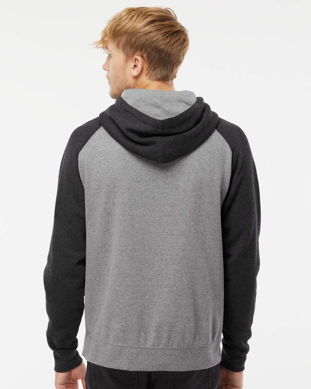 Independent Trading Company Raglan Sleeve Pullover Hood in Heather Charcoal — back view (2)