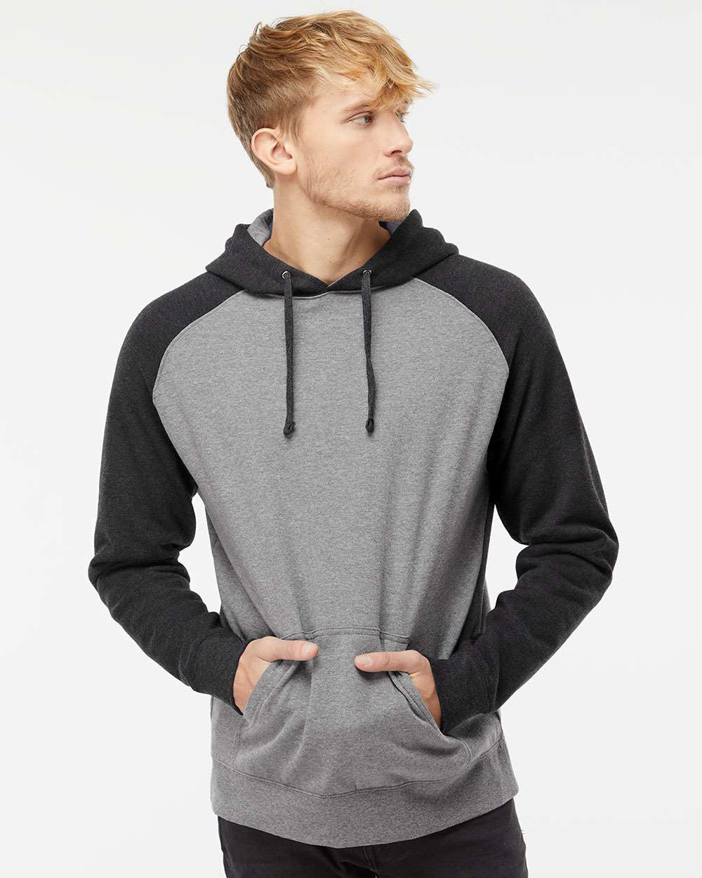 Independent Trading Company Raglan Sleeve Pullover Hood in Heather Charcoal — front view (2)