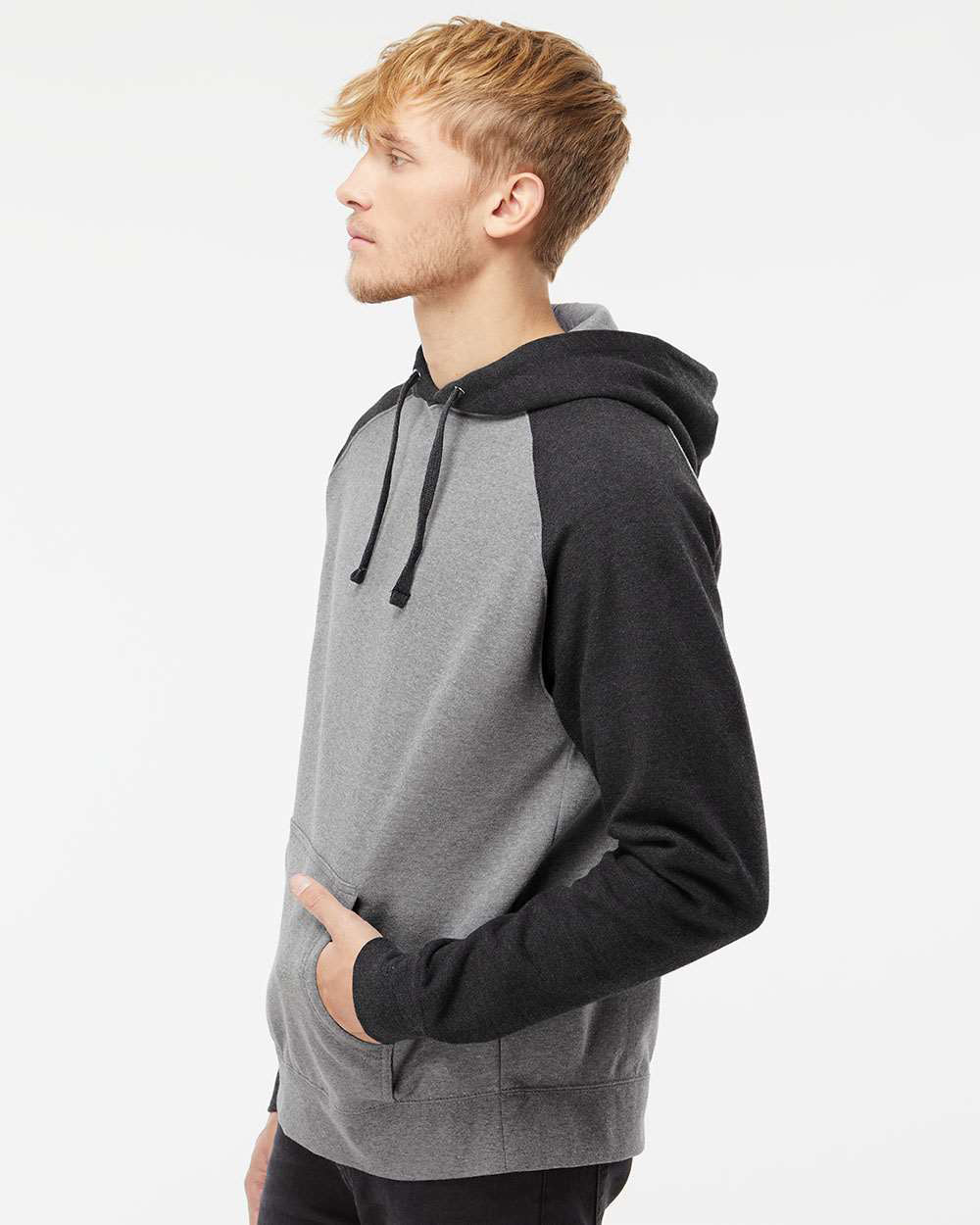 Independent Trading Company Raglan Sleeve Pullover Hood in Heather Charcoal — side view (2)