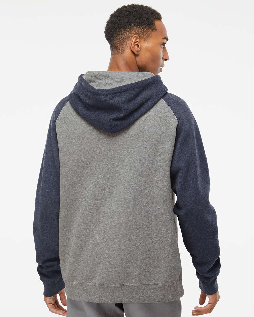 Independent Trading Company Raglan Sleeve Pullover Hood in Heather Navy — back view (2)
