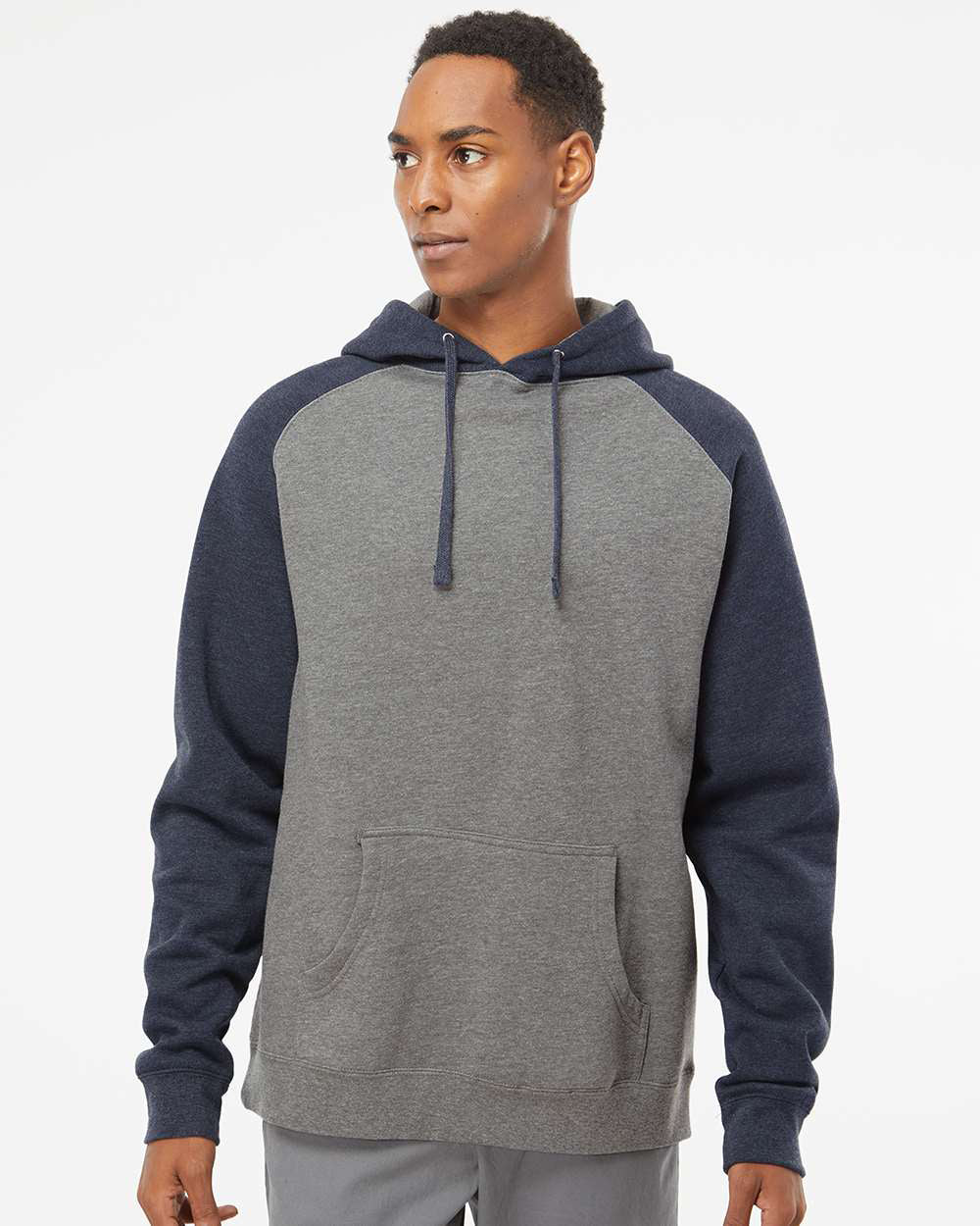 Independent Trading Company Raglan Sleeve Pullover Hood in Heather Navy — front view (2)