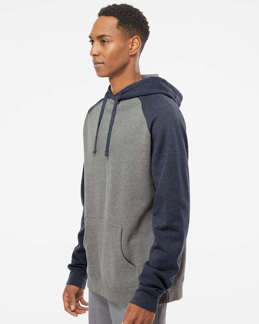 Independent Trading Company Raglan Sleeve Pullover Hood in Heather Navy — side view (2)