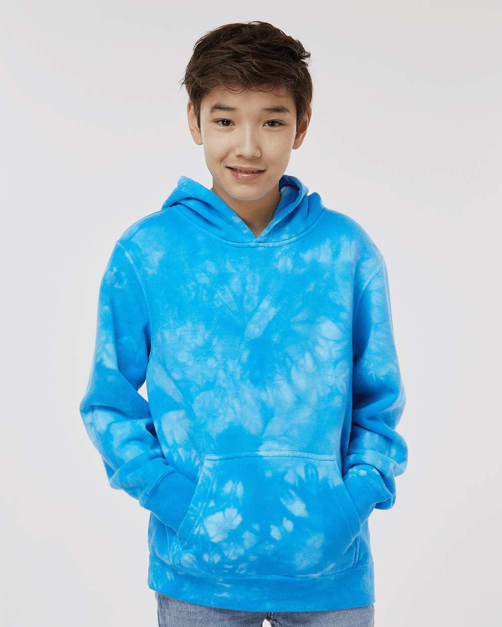 Independent Trading Company Youth 9oz. Midweight Tie Dye Pullover Hood in Aqua Blue — front view (2)
