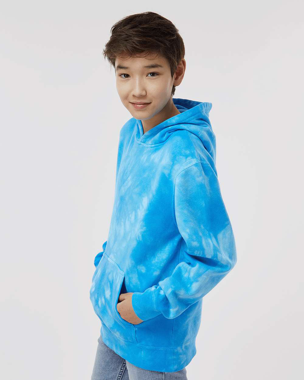 Independent Trading Company Youth 9oz. Midweight Tie Dye Pullover Hood in Aqua Blue — side view (2)