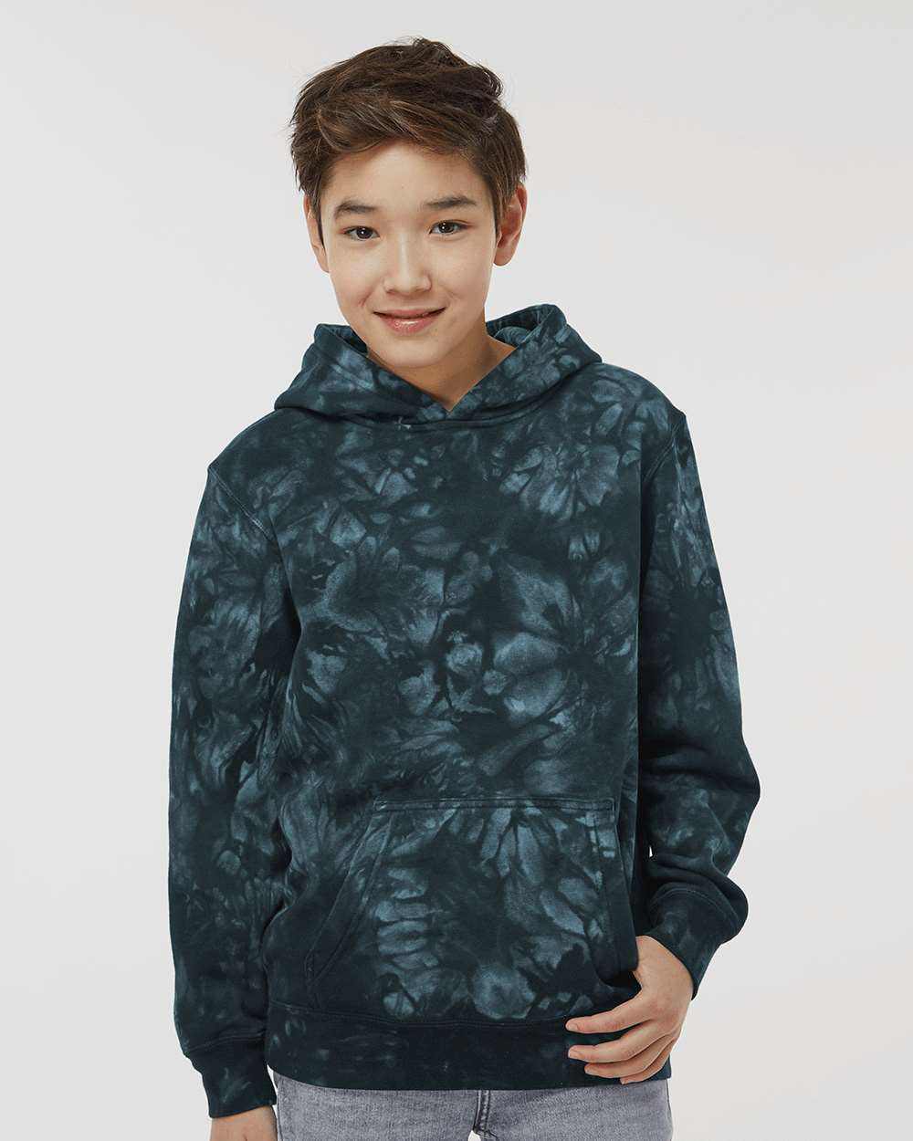 Independent Trading Company Youth 9oz. Midweight Tie Dye Pullover Hood in Black — front view (2)