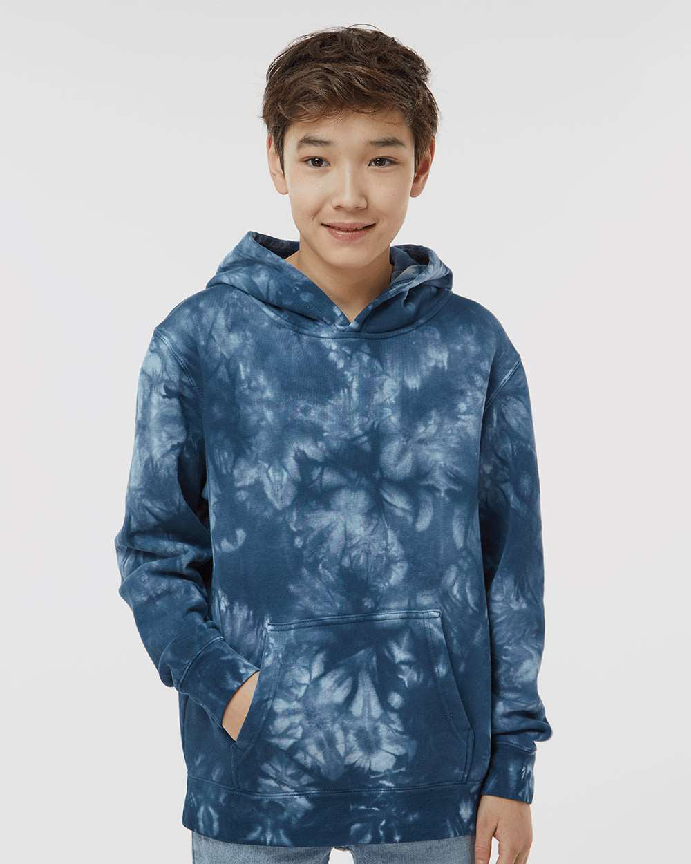 Independent Trading Company Youth 9oz. Midweight Tie Dye Pullover Hood in Navy — front view (2)