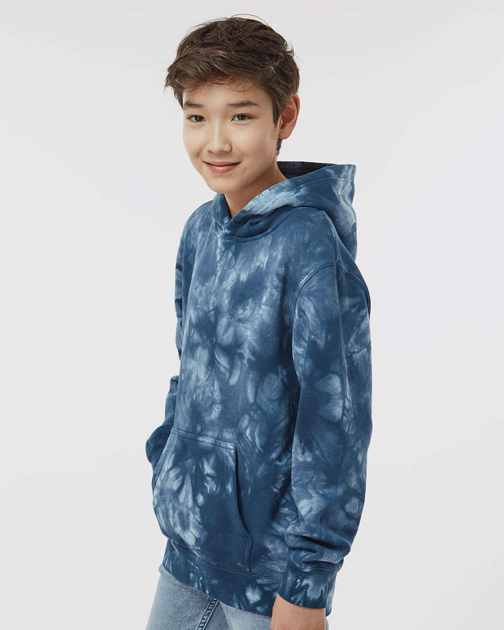 Independent Trading Company Youth 9oz. Midweight Tie Dye Pullover Hood in Navy — side view