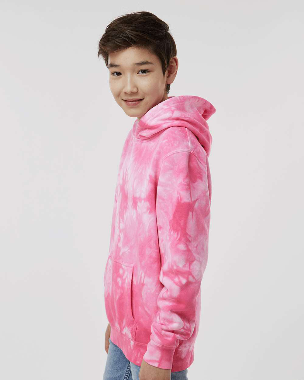 Independent Trading Company Youth 9oz. Midweight Tie Dye Pullover Hood in Pink — side view (2)