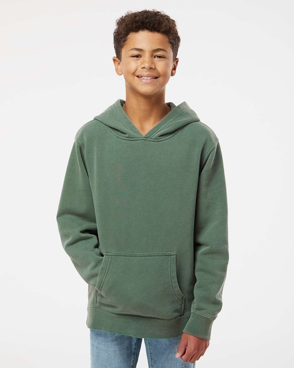 Independent Trading Company Youth 9oz. Midweight Pigment Dye Pullover Hood in Green — front view (2)