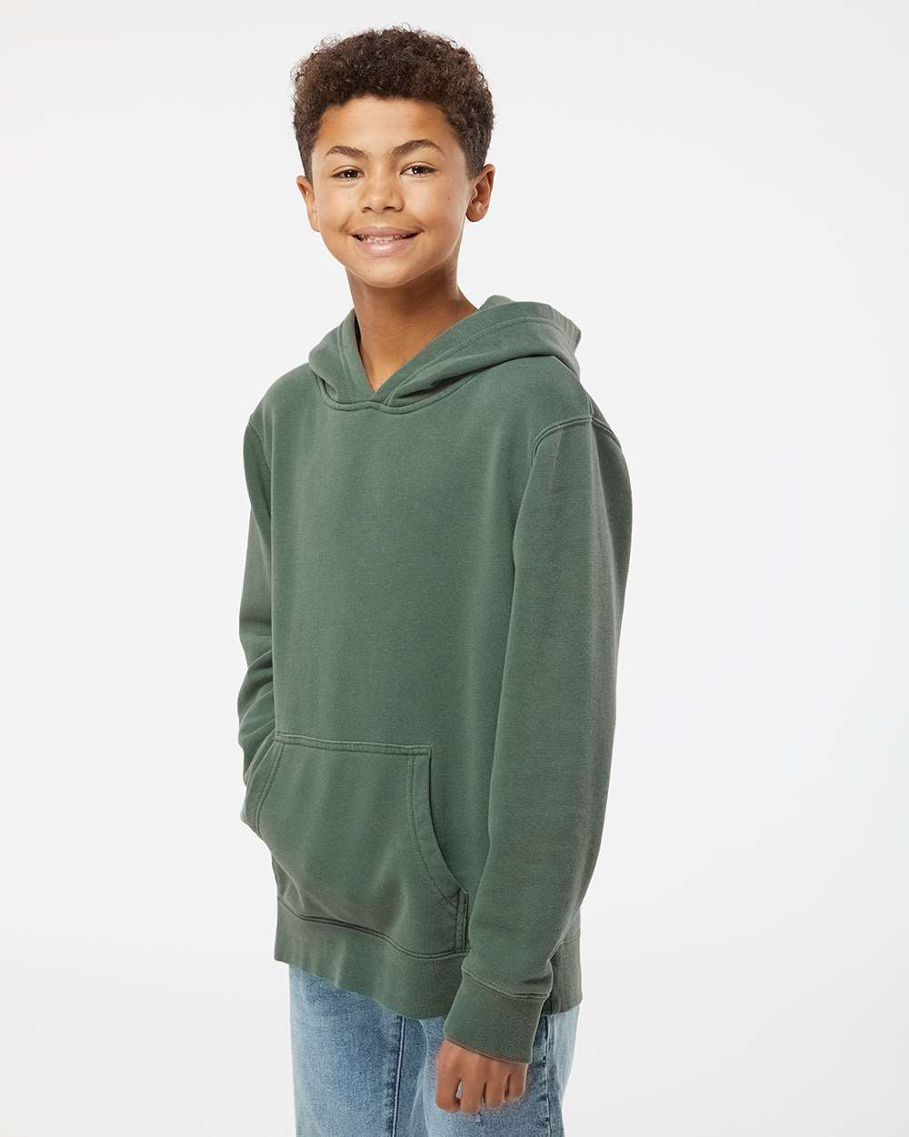 Independent Trading Company Youth 9oz. Midweight Pigment Dye Pullover Hood in Green — side view (2)