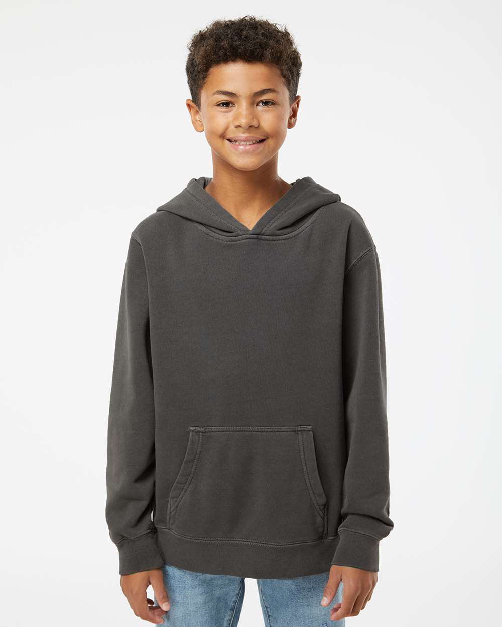 Independent Trading Company Youth 9oz. Midweight Pigment Dye Pullover Hood in Black — front view (2)