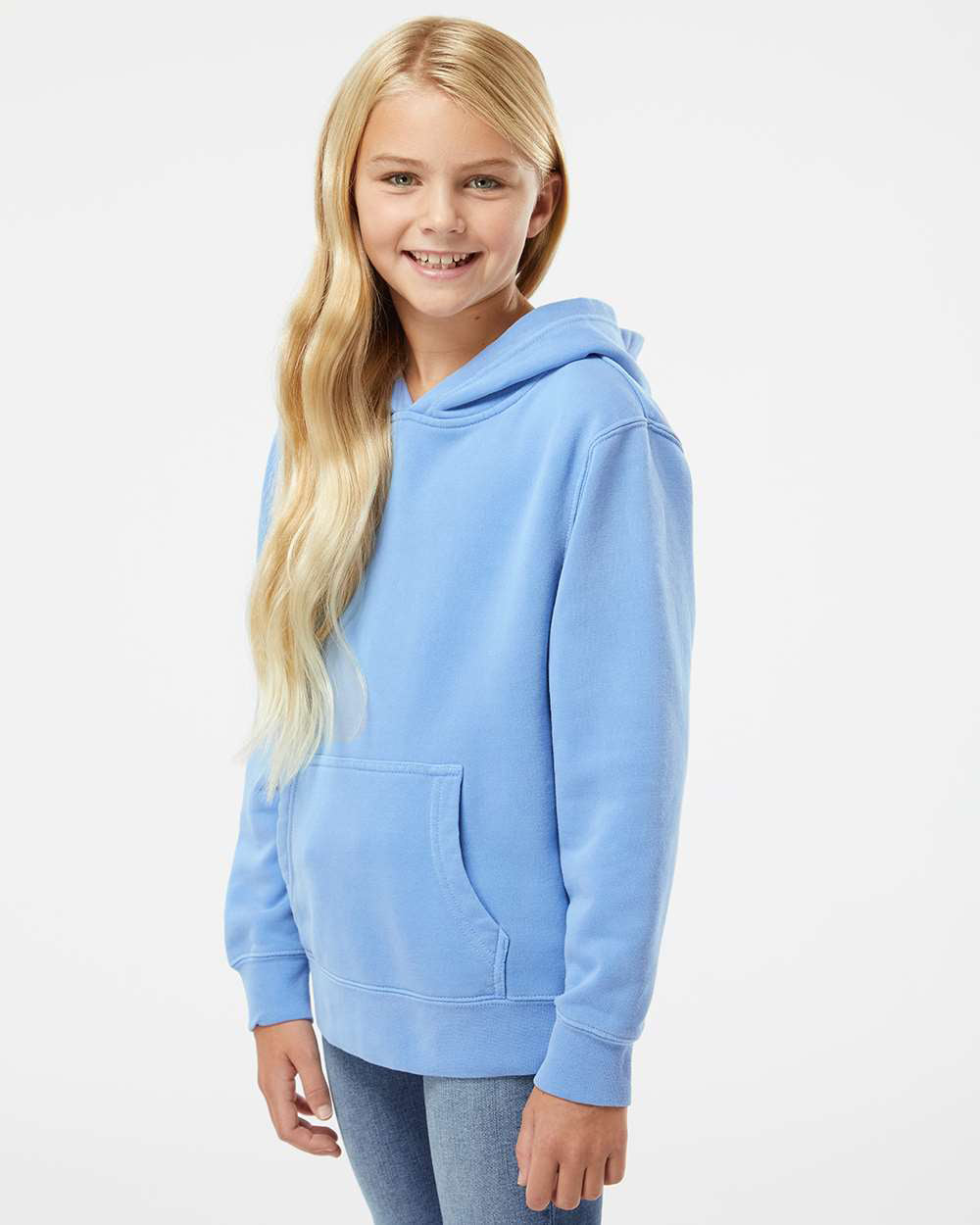 Independent Trading Company Youth 9oz. Midweight Pigment Dye Pullover Hood in Blue — side view