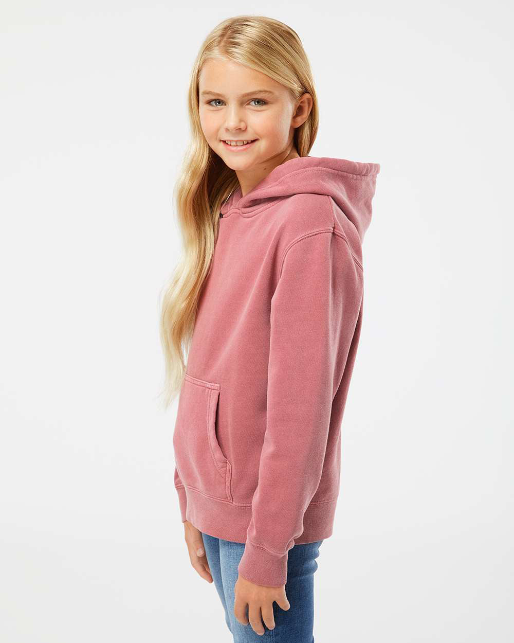 Independent Trading Company Youth 9oz. Midweight Pigment Dye Pullover Hood in Maroon — side view (2)