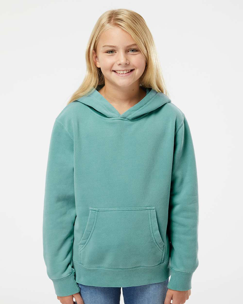Independent Trading Company Youth 9oz. Midweight Pigment Dye Pullover Hood in Mint — front view (2)