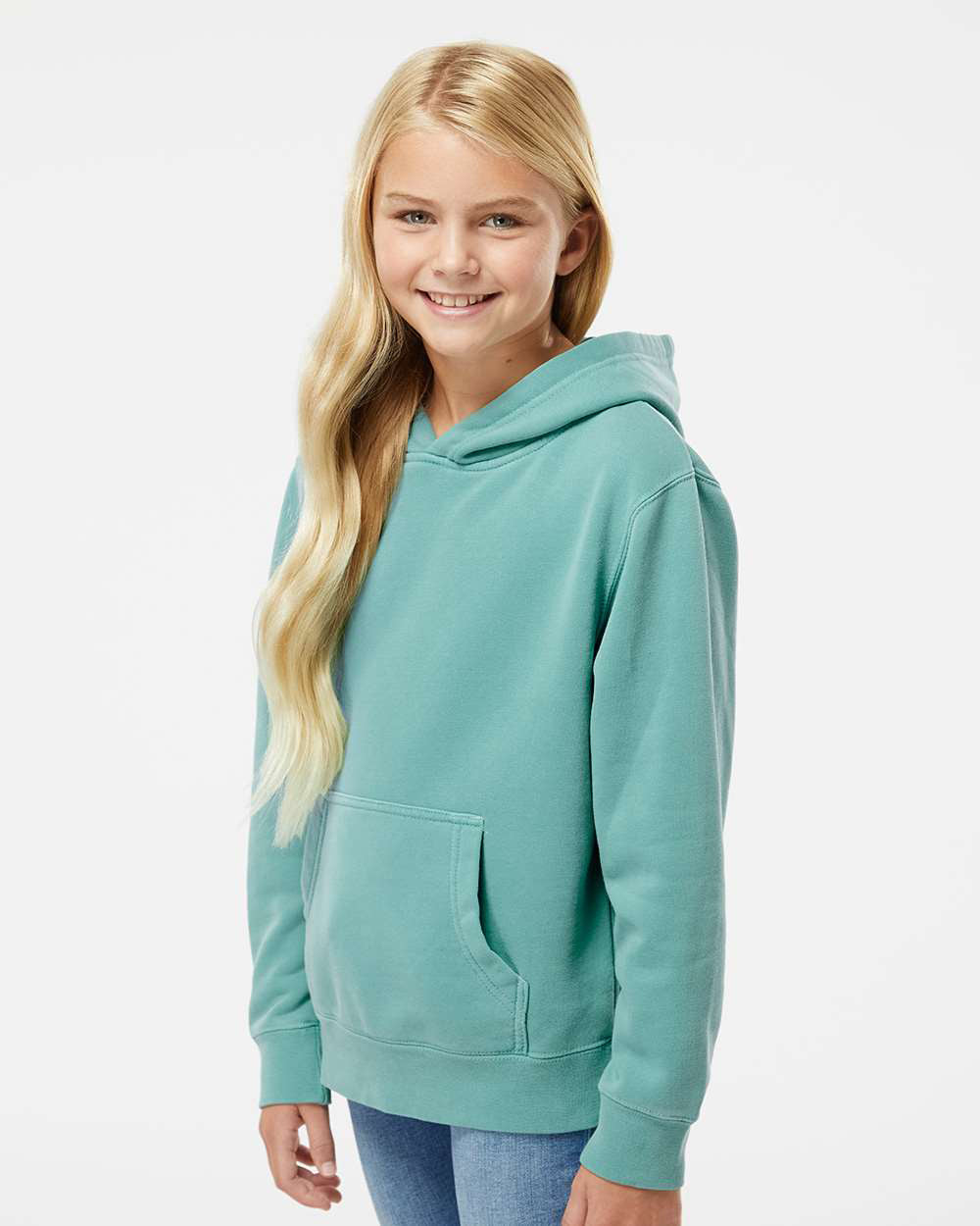 Independent Trading Company Youth 9oz. Midweight Pigment Dye Pullover Hood in Mint — side view (2)