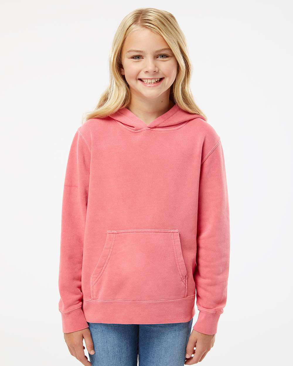 Independent Trading Company Youth 9oz. Midweight Pigment Dye Pullover Hood in Pink — front view (2)