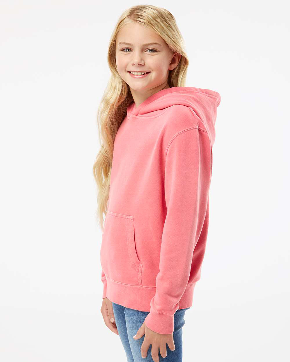 Independent Trading Company Youth 9oz. Midweight Pigment Dye Pullover Hood in Pink — side view (2)