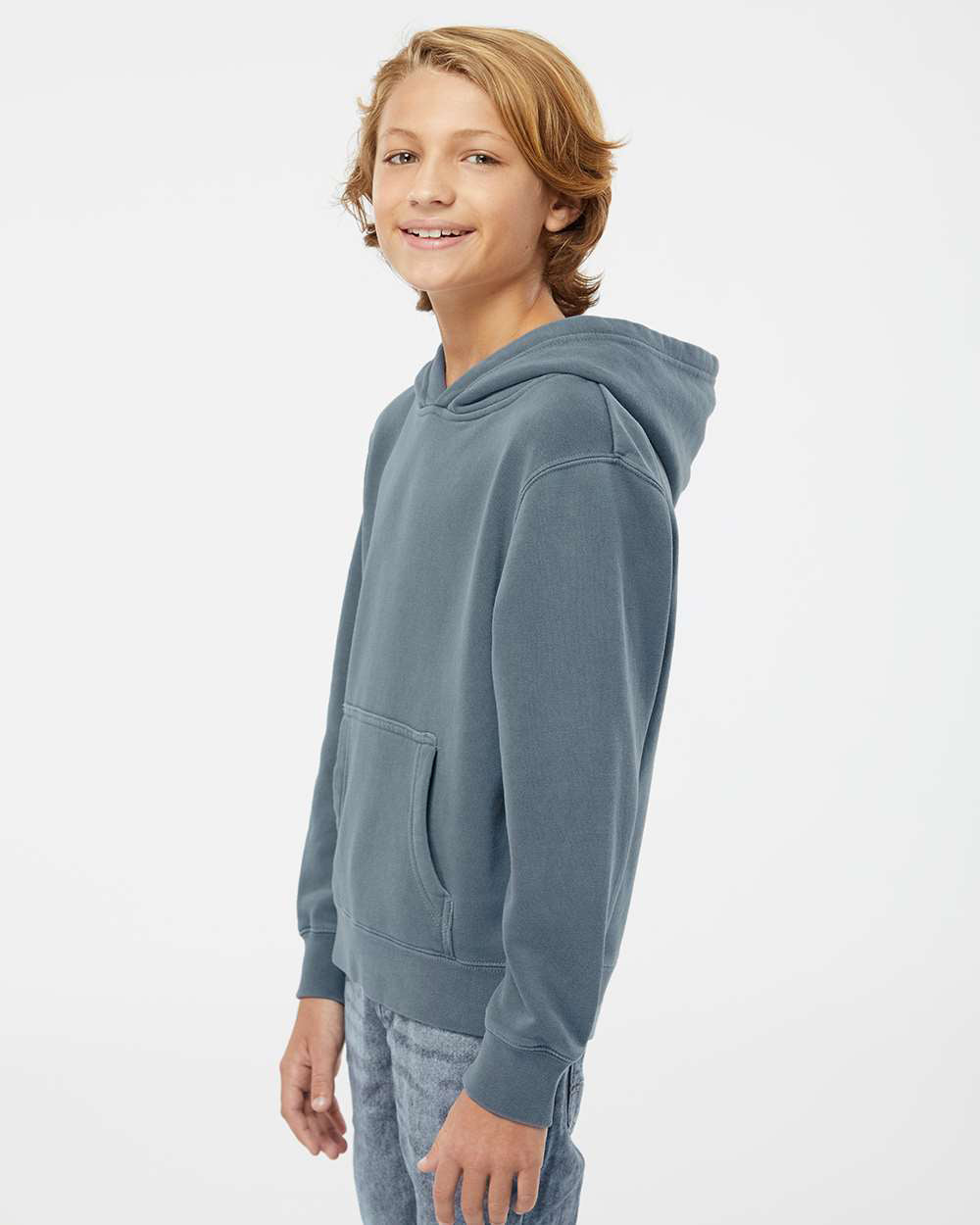 Independent Trading Company Youth 9oz. Midweight Pigment Dye Pullover Hood in Slate Blue — side view (2)