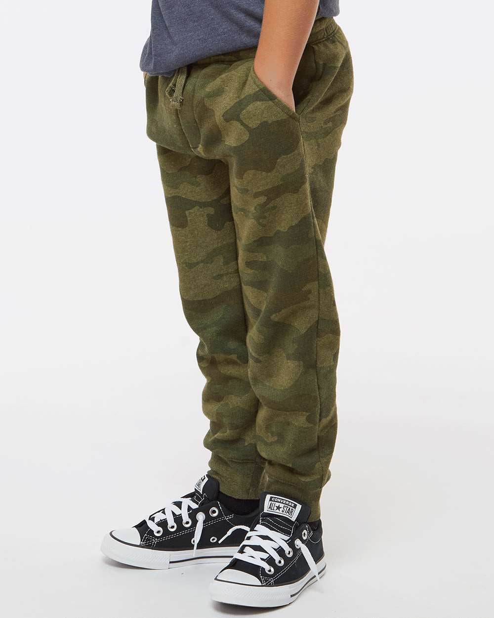 Independent Trading Company Youth Lightweight Special Blend Pant in Forest Camo — side view