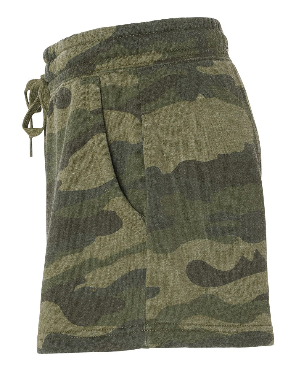 Independent Trading Company Women's California Wave Wash Short in Forest Camo — side view