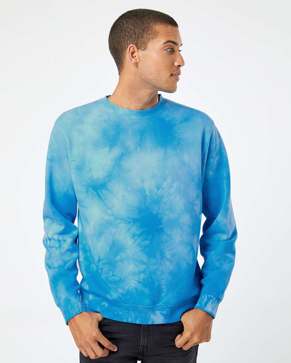 Independent Trading Company 9oz. Unisex Midweight Tie Dye Crew in Aqua Blue — front view (2)