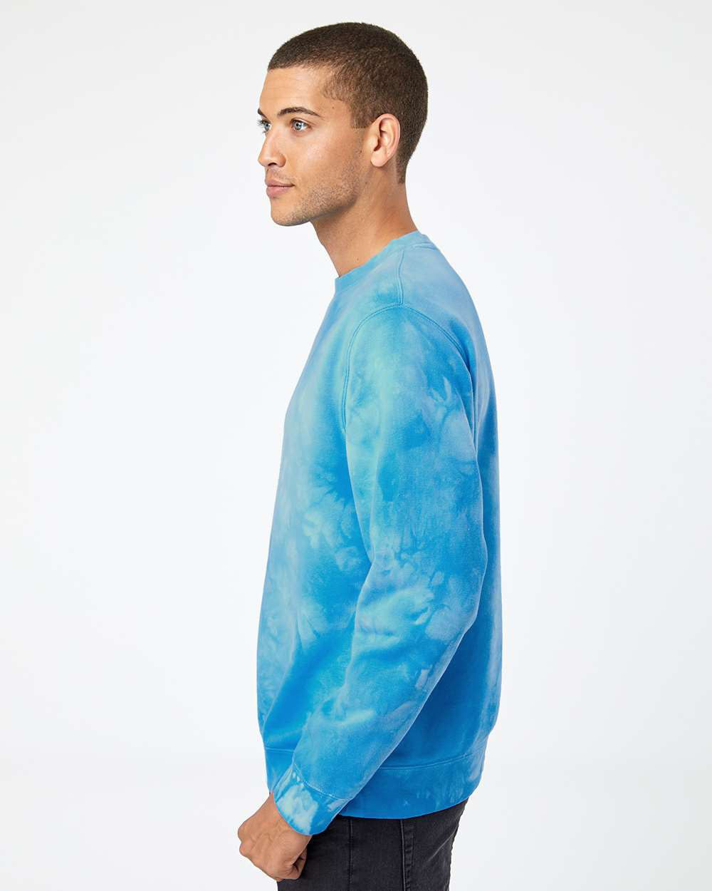 Independent Trading Company 9oz. Unisex Midweight Tie Dye Crew in Aqua Blue — side view (2)