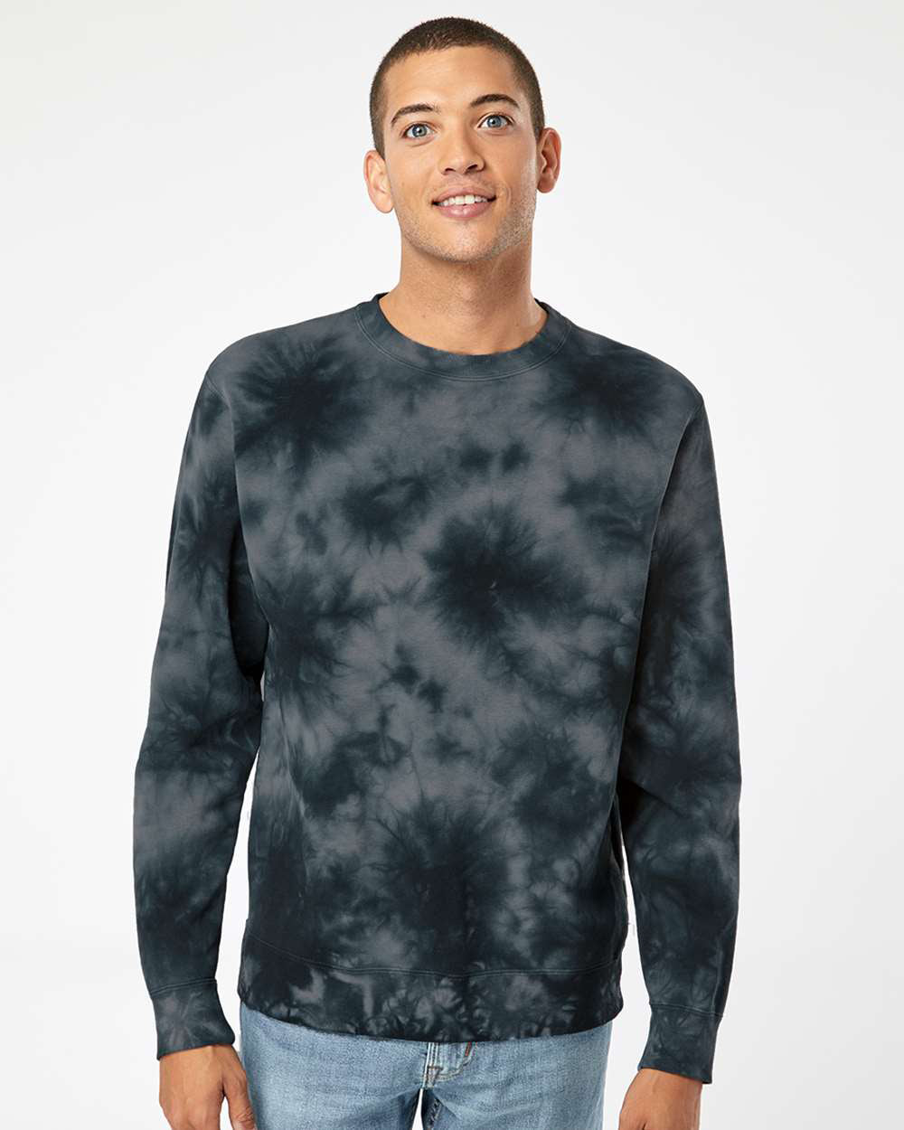 Independent Trading Company 9oz. Unisex Midweight Tie Dye Crew in Black — front view (2)