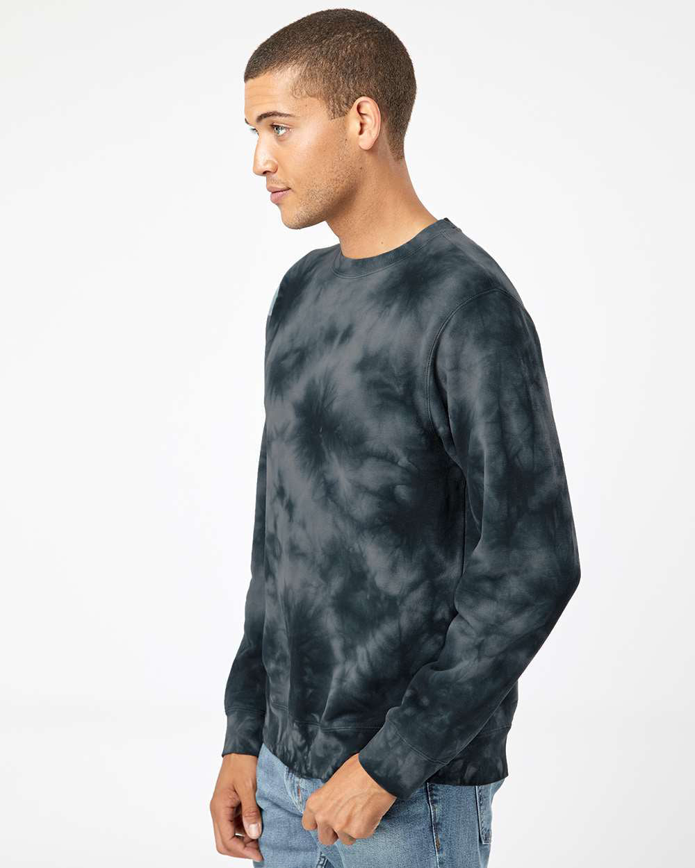 Independent Trading Company 9oz. Unisex Midweight Tie Dye Crew in Black — side view (2)